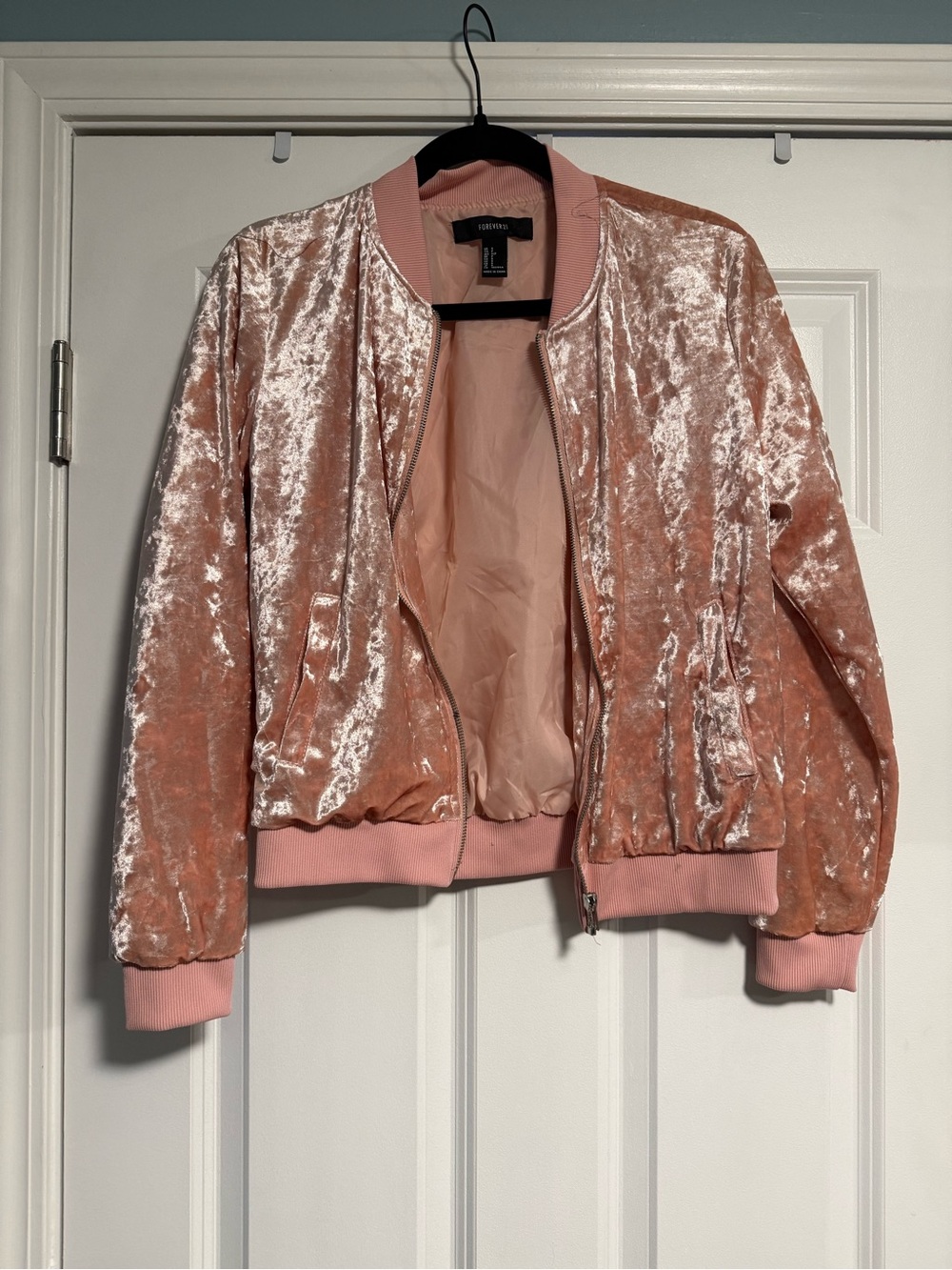 Forever 21 Blush Pink Crushed Velvet Bomber Jacket